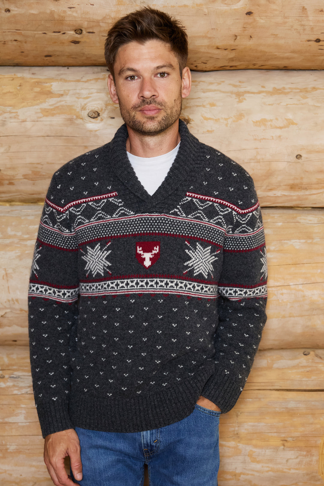 Shawl Neck Wool Blend Mens Jumper