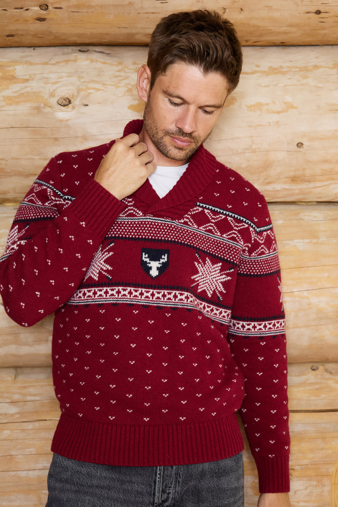 Shawl Neck Wool Blend Mens Jumper