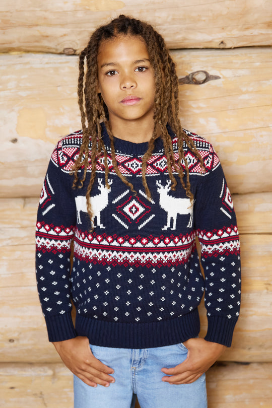 Kids Premium Reindeer Crew Neck Cotton Jumper