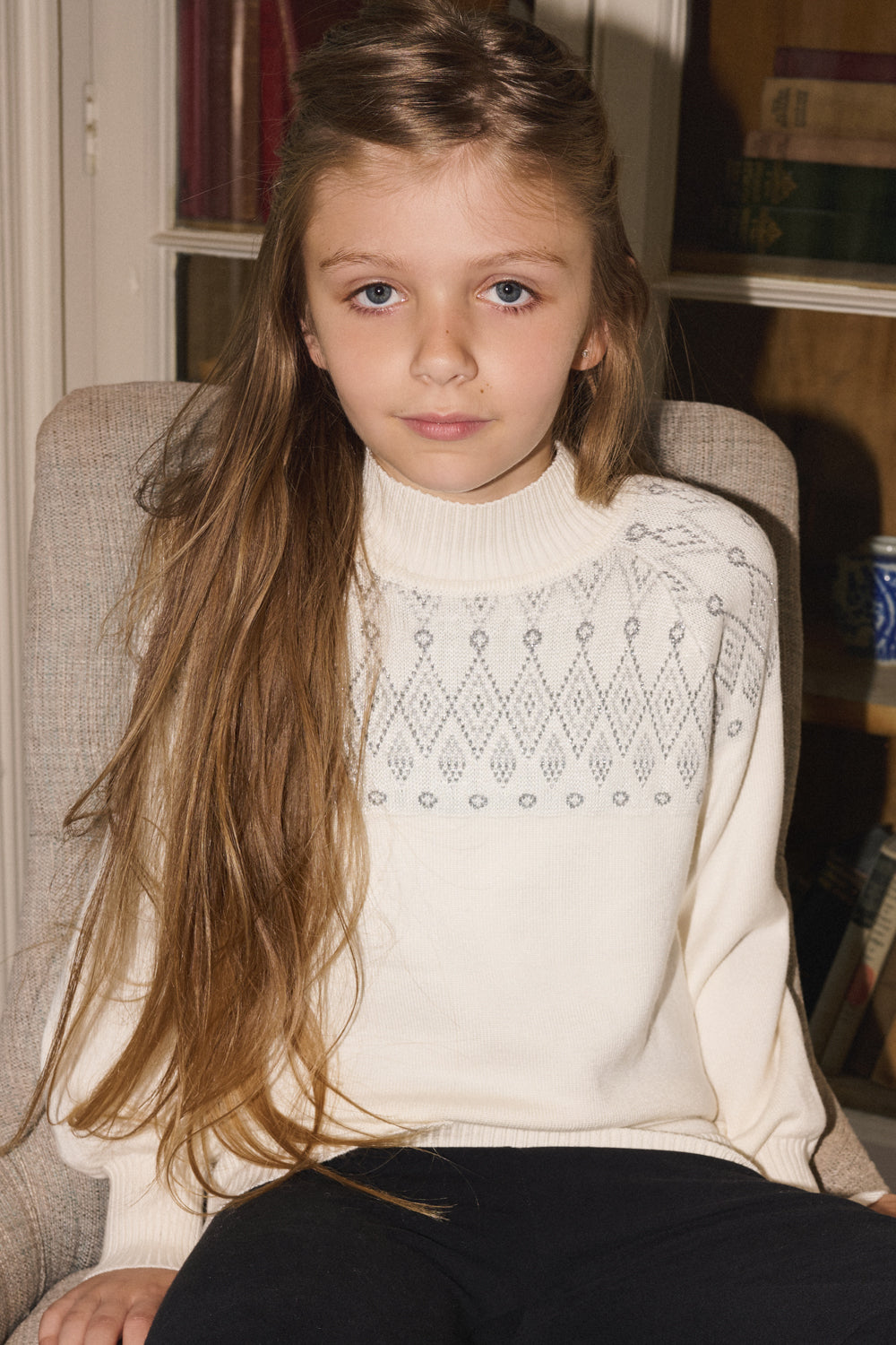 Kids Smart Linear Diamond Funnel Neck Knit Jumper - Cream