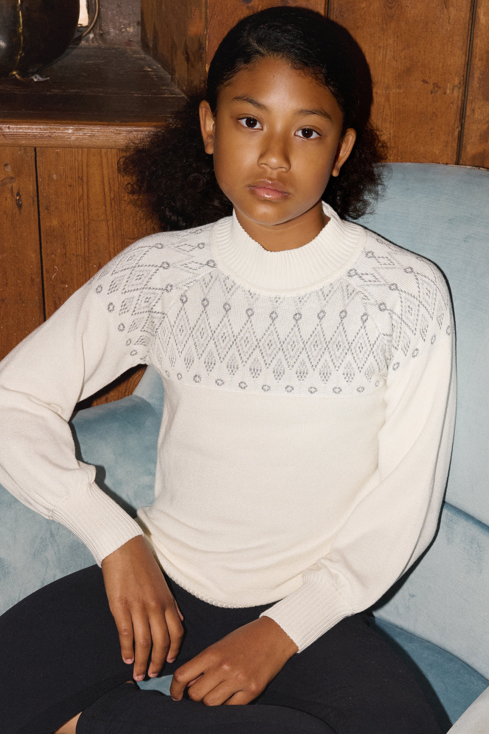 Kids Smart Linear Diamond Funnel Neck Knit Jumper - Cream