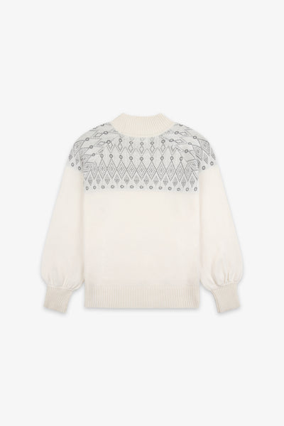Kids Smart Linear Diamond Funnel Neck Knit Jumper - Cream