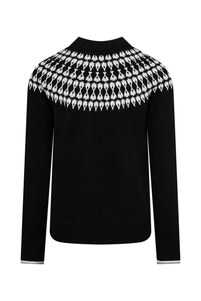 Ladies Smart Fairisle Knit Funnel Neck Jumper with lurex - Black