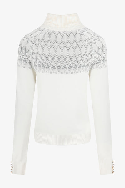 Ladies Smart Linear Diamond Knit Roll Neck Jumper - Cream