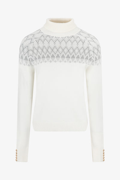 Ladies Smart Linear Diamond Knit Roll Neck Jumper - Cream