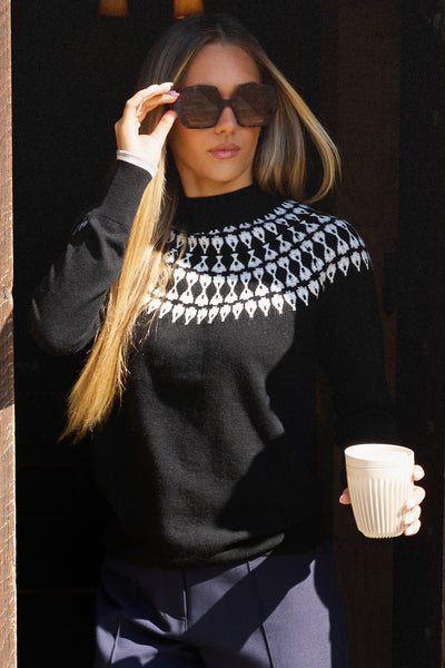 Ladies Smart Fairisle Knit Funnel Neck Jumper with lurex - Black