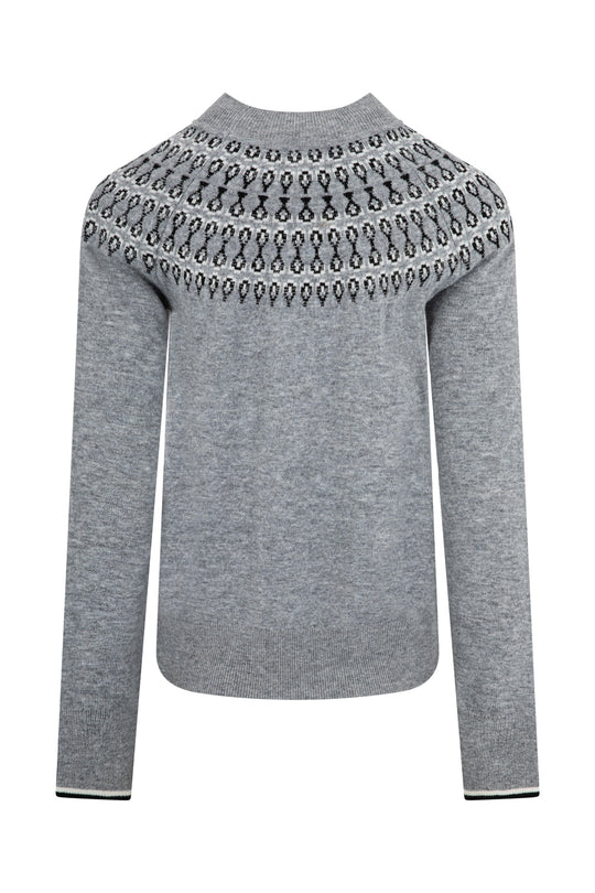 Ladies Smart Fairisle Knit Funnel Neck Jumper with lurex - Grey