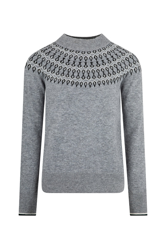 Ladies Smart Fairisle Knit Funnel Neck Jumper with lurex - Grey