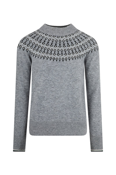 Ladies Smart Fairisle Knit Funnel Neck Jumper with lurex - Grey