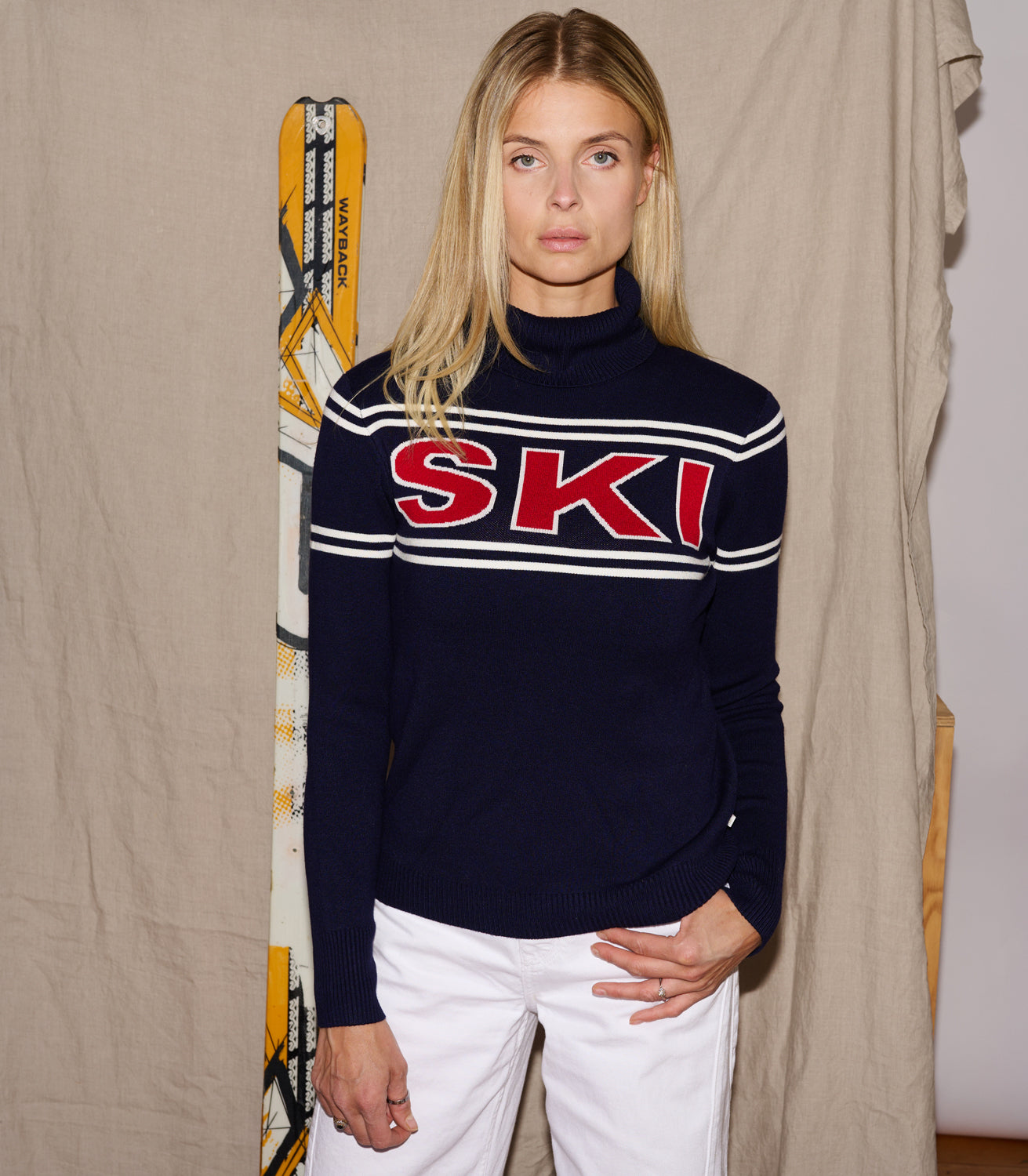 Navy Ladies Ski Text Jumper
