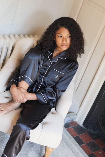 Black Kids Satin Button Through Pjs