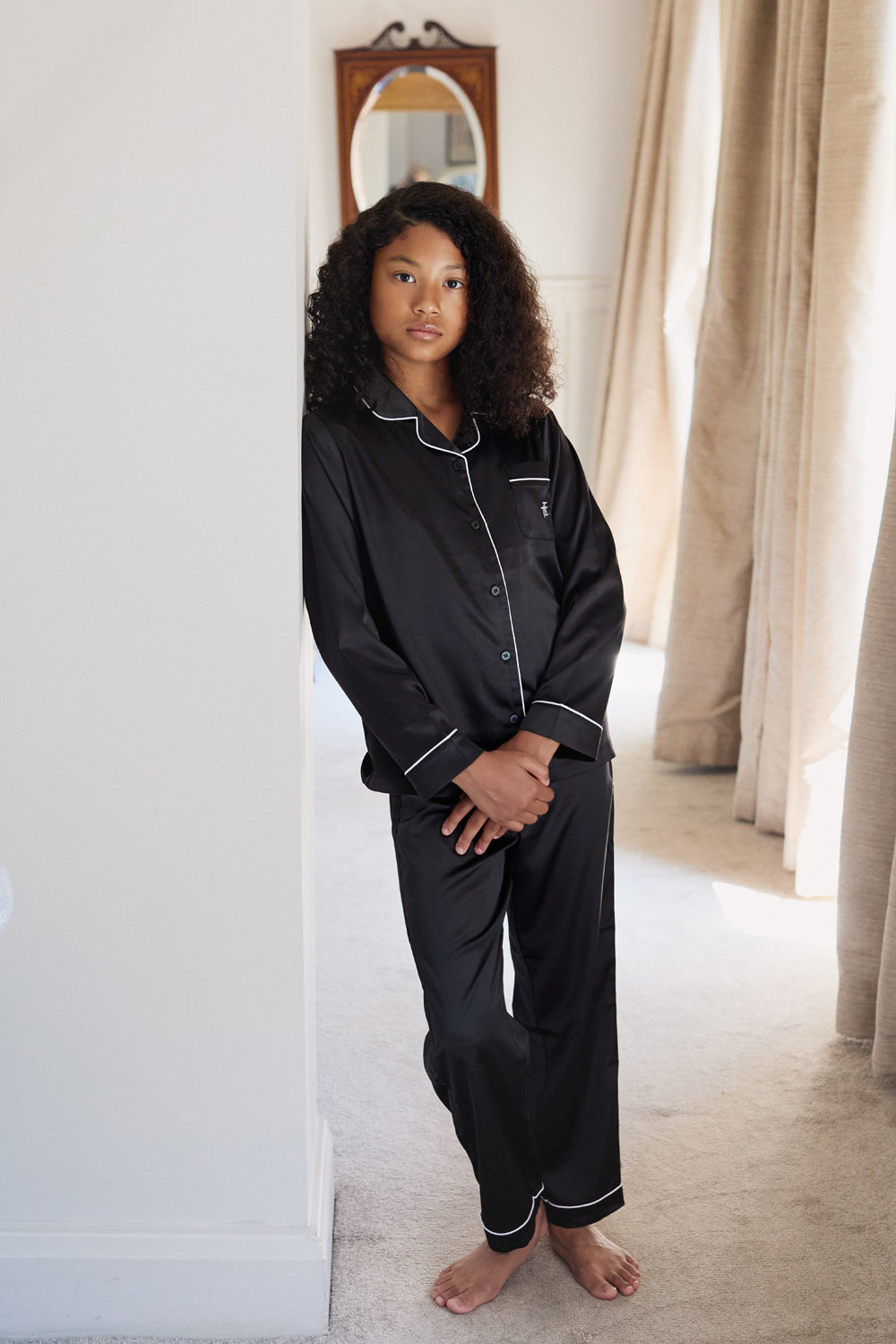 Black Kids Satin Button Through Pjs