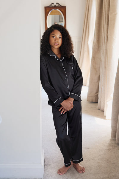 Black Kids Satin Button Through Pjs