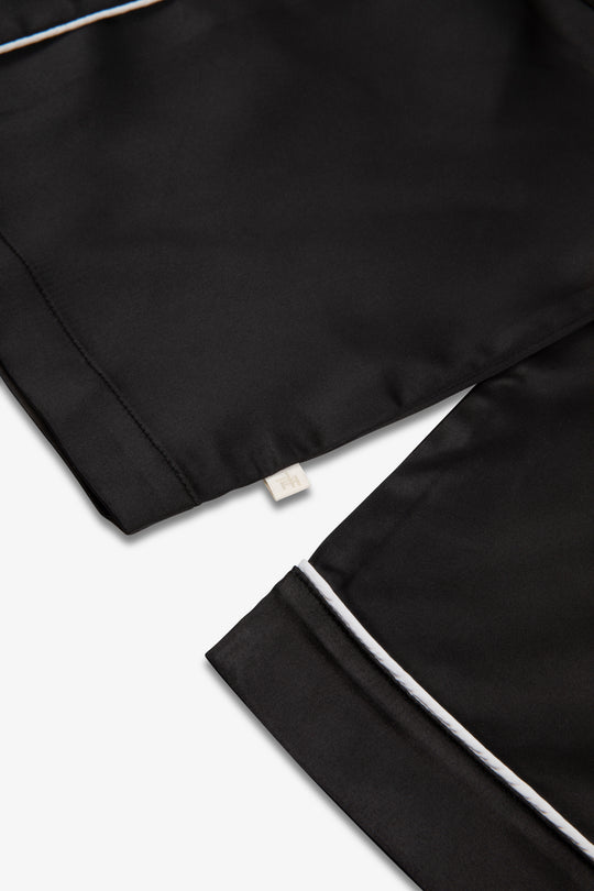 Black Satin Piped Button Through Pjs