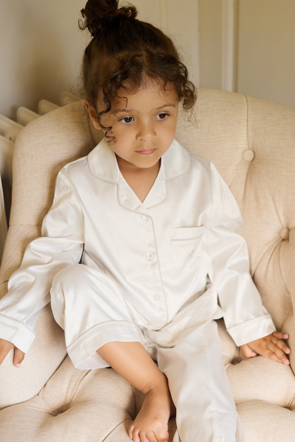 Cream Kids Satin Button Through Pjs