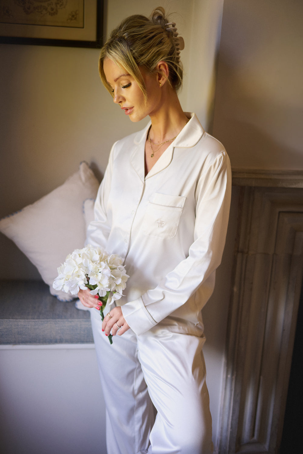 Cream Ladies Satin Piping Trim Button Through Pjs