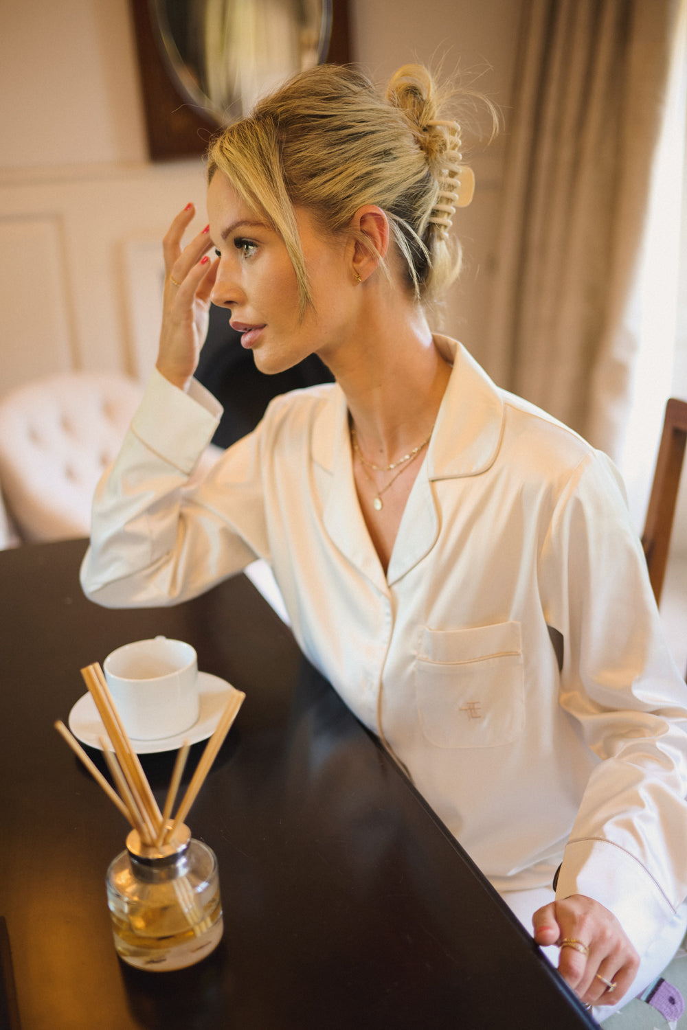 Cream Ladies Satin Piping Trim Button Through Pjs
