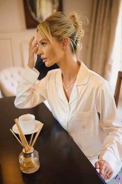 Cream Ladies Satin Piping Trim Button Through Pjs
