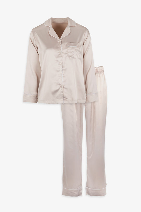 Natural Satin Piped Button Through Pjs