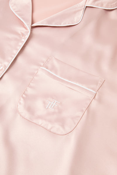 Dusky Pink Ladies Satin Piping Trim Button Through Pjs
