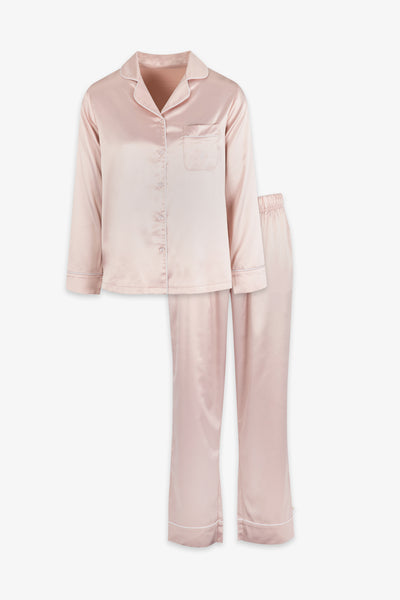 Dusky Pink Ladies Satin Piping Trim Button Through Pjs