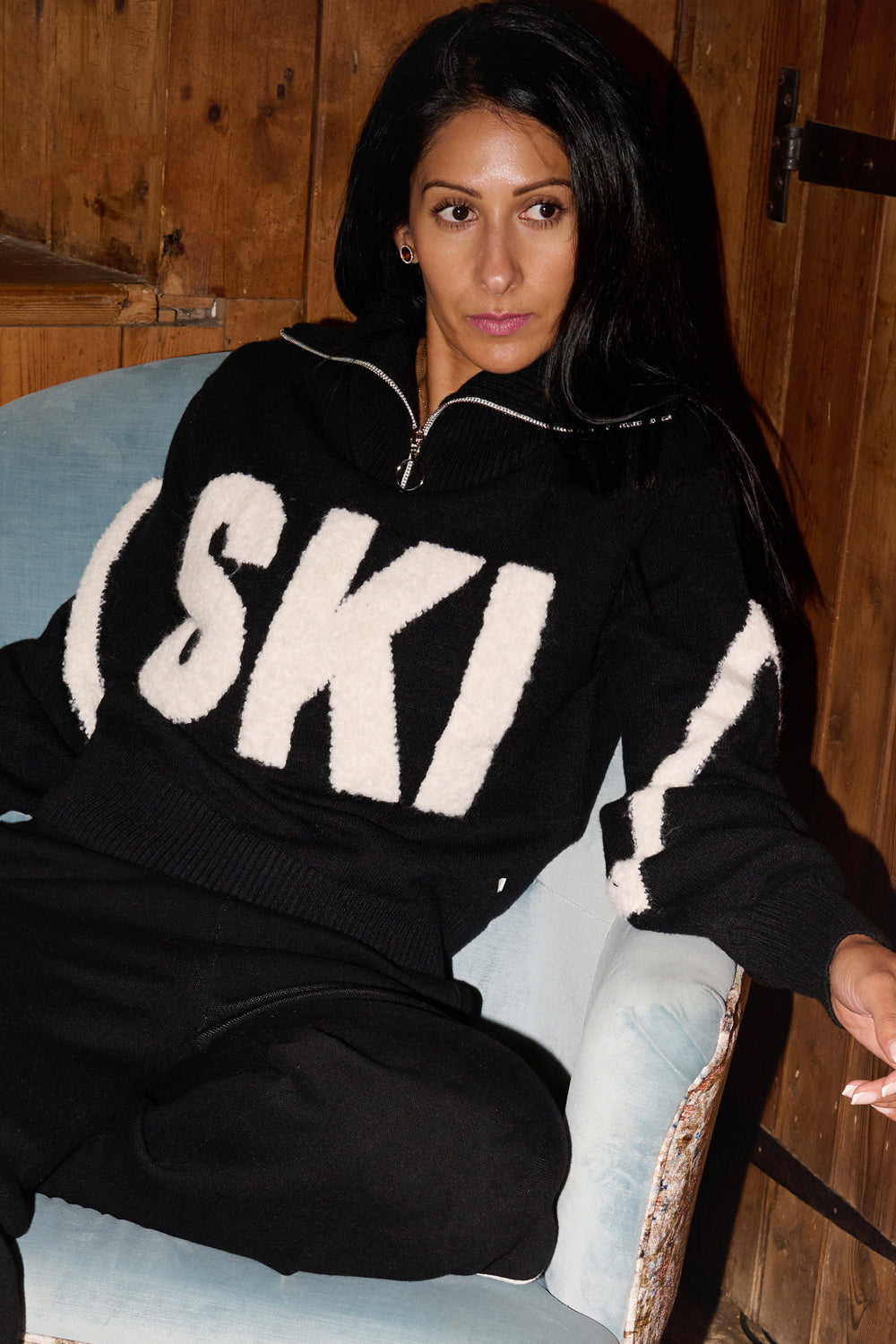 Black/ Cream Ladies Zip Relaxed Ski Jumper