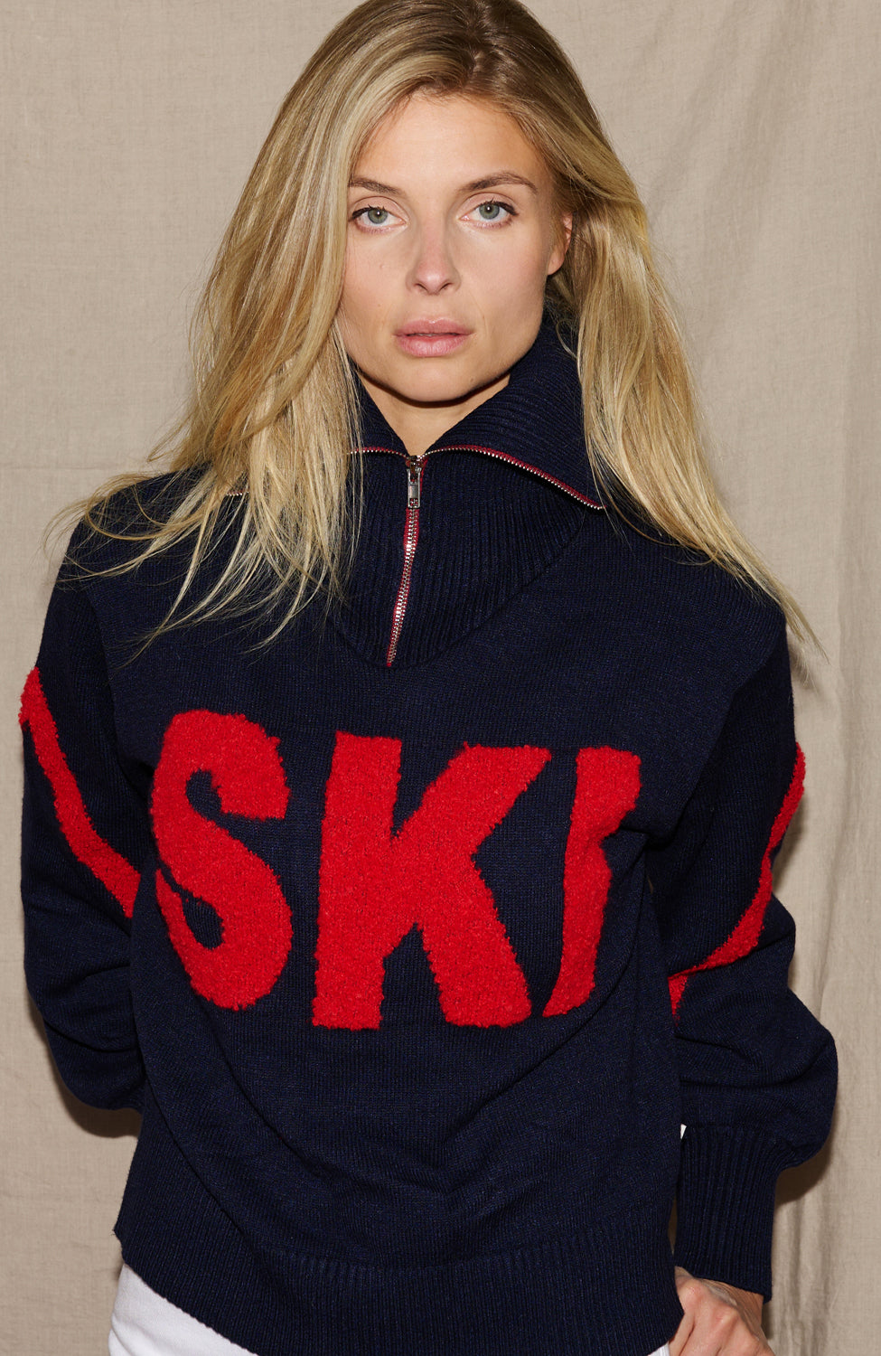 Navy/ Red Ladies Zip Relaxed Ski Jumper