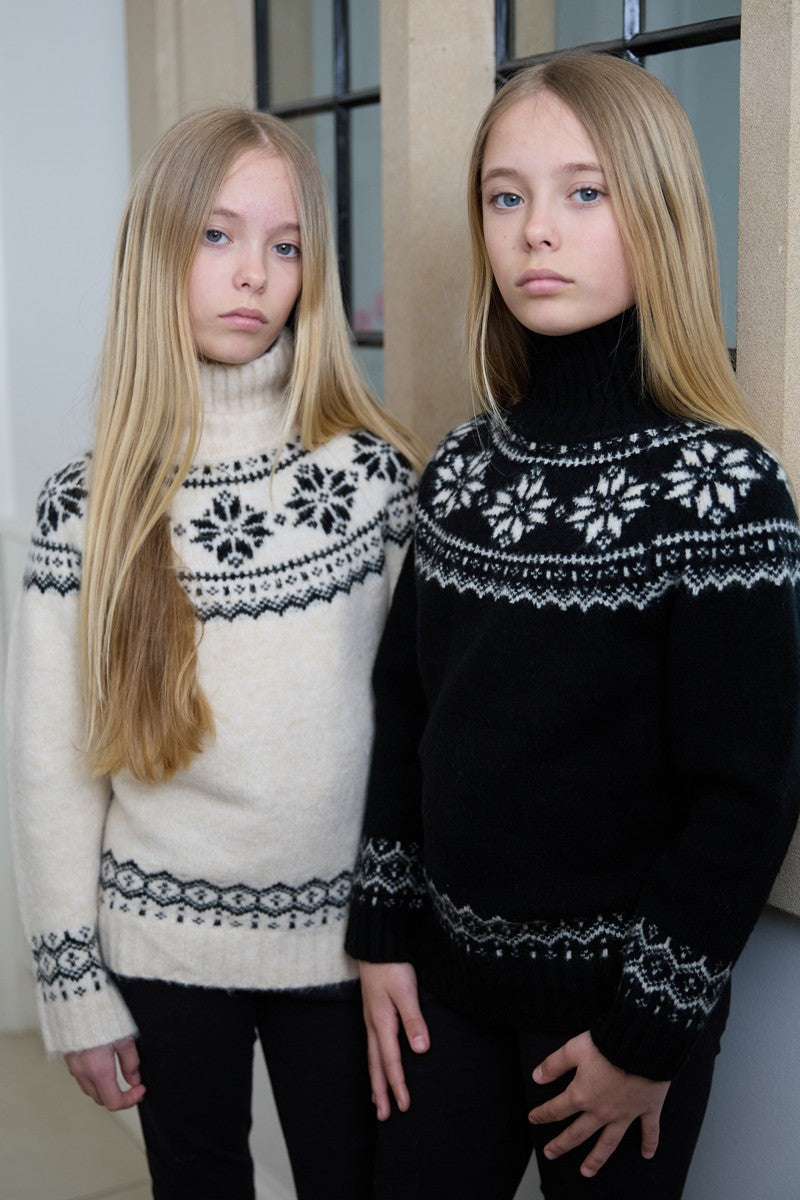 Kids Fairisle Snowflake Funnel Neck Chunky Jumper Black