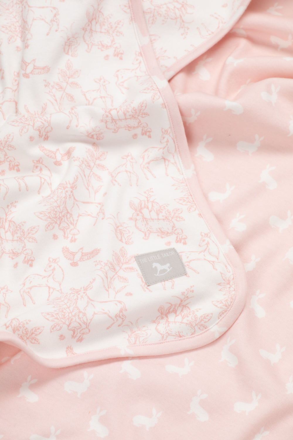 Jersey Blanket, pink woodland and hare print