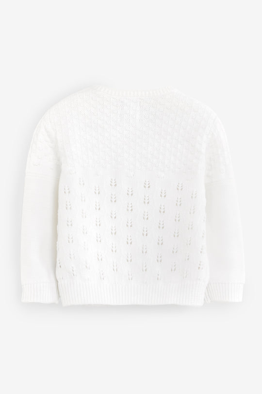 White Pointelle Knitted Cotton Cardigan