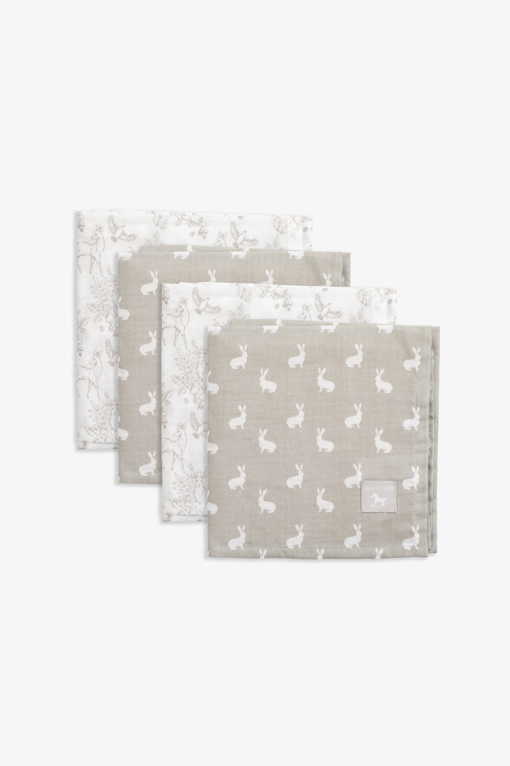 4pk Muslin Squares, white woodland, fawn hare prints