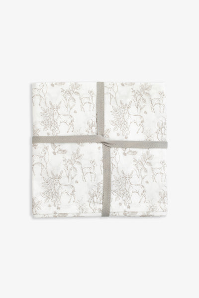 4pk Muslin Squares, white woodland, fawn hare prints