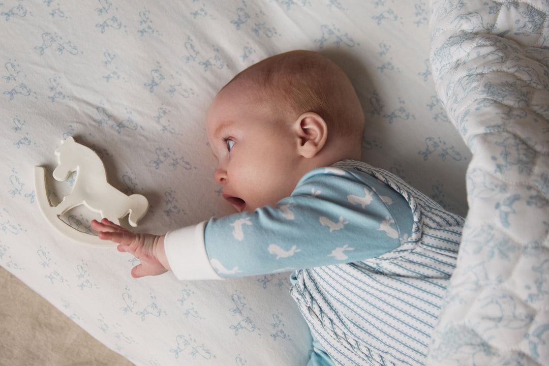 2pk Fitted Jersey Cot Sheet, blue woodland and Sky blue hare print