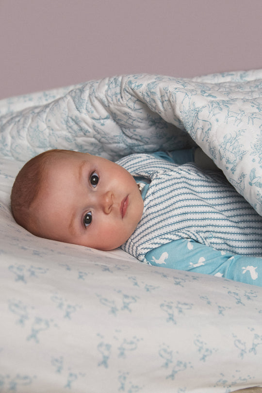 2pk Fitted Jersey Cot Sheet, blue woodland and Sky blue hare print