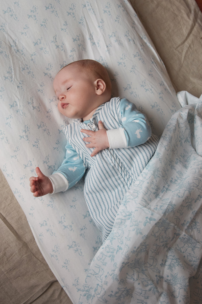 2pk Fitted Jersey Cot Sheet, blue woodland and Sky blue hare print
