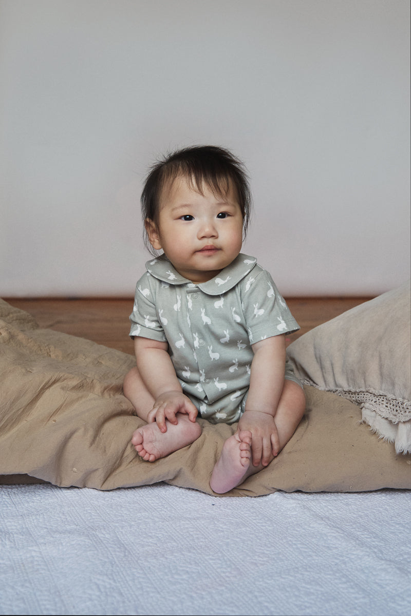 Jersey Shorty Romper - fawn hare print