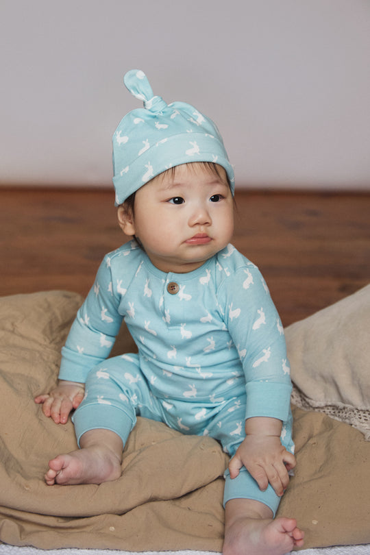 Top and Pants Set, sky blue hare print