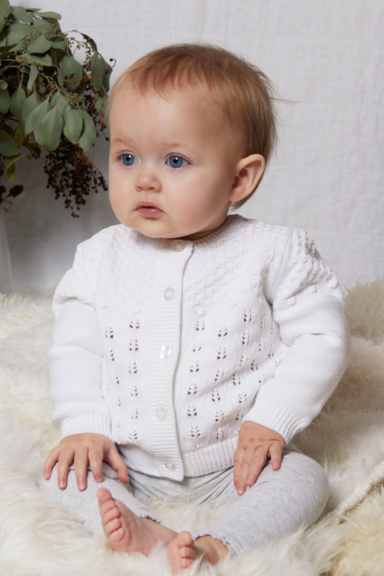 White Pointelle Knitted Cotton Cardigan