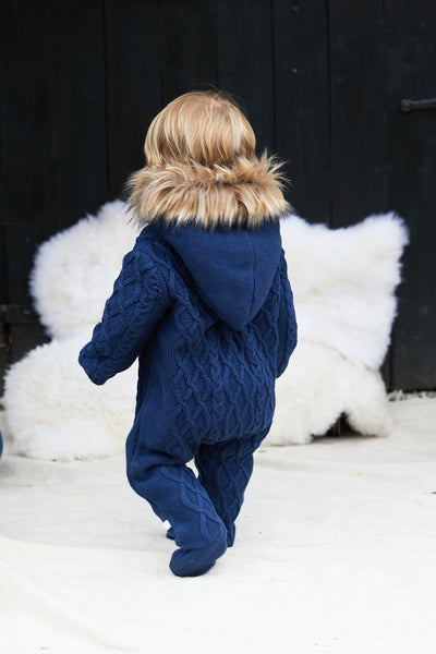 Navy Baby Knitted Faux Fur Trim All In One