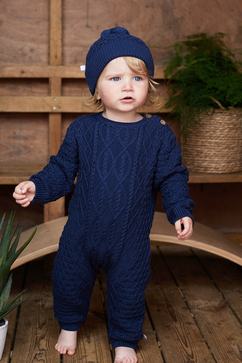 Navy Cable Romper and Hat Set